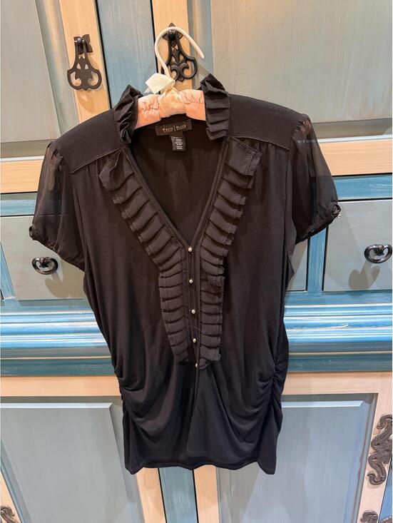 White House Black Market Tops - White House Black Market Black Ruffled V-Neck Blouse Size L